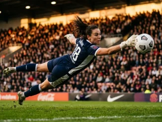 Female goalkeeper diving to make save during professional match in stadium