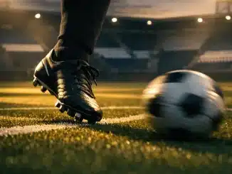 Floodlit football pitch at dusk with boot in motion and navy-white stadium lighting, dramatic shadow composition.
