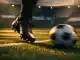 Floodlit football pitch at dusk with boot in motion and navy-white stadium lighting, dramatic shadow composition.