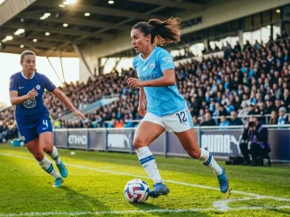 Female footballer in Manchester City kit driving forward on left wing during WSL match
