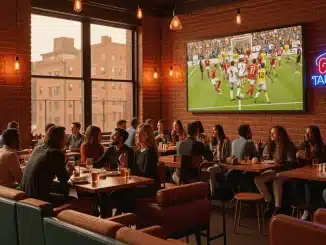 Modern Manhattan sports bar interior with viewing screen and intimate speakeasy atmosphere