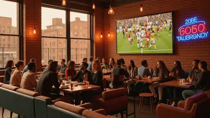 Modern Manhattan sports bar interior with viewing screen and intimate speakeasy atmosphere