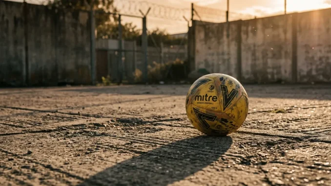 Football on cracked ground with dramatic shadows symbolizing detained athlete and human rights concerns