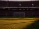 Floodlit stadium at dusk with packed stands and dramatic shadows on pristine grass pitch.