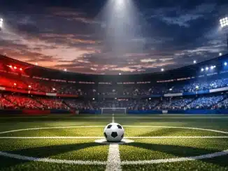Floodlit football pitch with centre spot and ball, bathed in crimson and blue stadium lighting at dusk.
