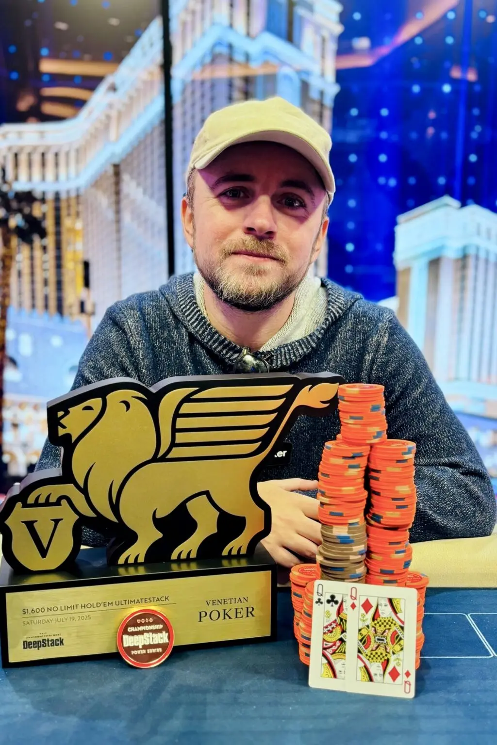 A poker player with a trophy and chips, featuring the Venetian Poker logo.