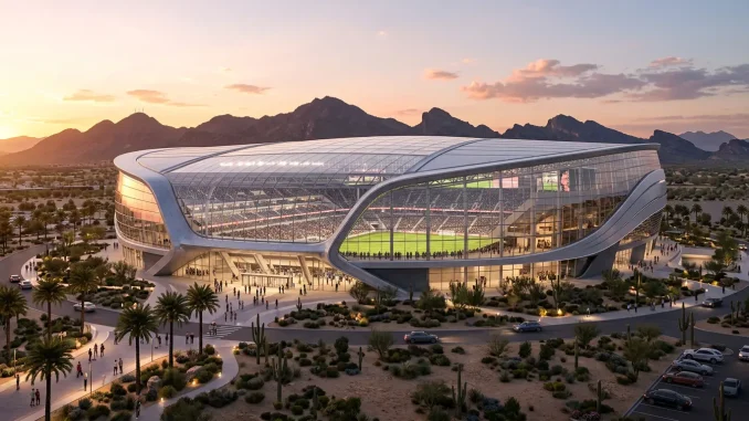 Modern enclosed stadium design in Arizona desert landscape for women's football expansion