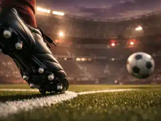 Floodlit stadium pitch at dusk with maroon and white lighting, generic boot mid-stride near centre spot, dramatic shadows and empty stands.