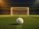 Floodlit football pitch at dusk with match ball centred on the spot, atmospheric national colour lighting, empty stadium stands.