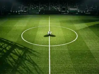 Floodlit stadium pitch with Saudi Arabia colours, football on centre spot, geometric shadows, empty stands.