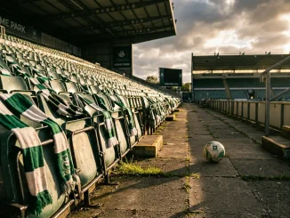 Empty stadium seats with green and white scarves and lone football, symbolizing Plymouth Argyle Women's uncertain future