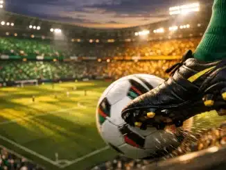 Close-up of a football boot striking a ball on a floodlit pitch, with emerald and gold-lit stadium stands blurred in background.