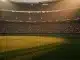 Empty floodlit stadium at dusk with crowded stands, golden-hour lighting creating dramatic shadows across pitch.