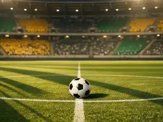 Stadium floodlit in South African flag colours (emerald and gold) with football on centre circle, dramatic shadow patterns, evening kick-off atmosphere.