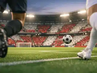 Floodlit stadium with crimson and white stands; motion-blurred footballer's boot and ball on illuminated pitch.