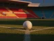 Floodlit football pitch at dusk with match ball on penalty spot, illuminated in red-gold and blue-green stadium lighting.