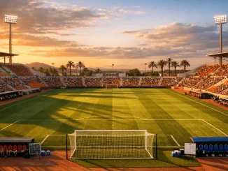 Modern football stadium in Mallorca at golden hour ahead of Spain vs England World Cup qualifier