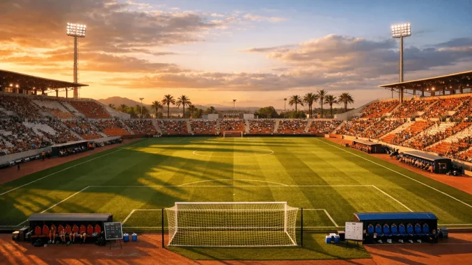 Modern football stadium in Mallorca at golden hour ahead of Spain vs England World Cup qualifier