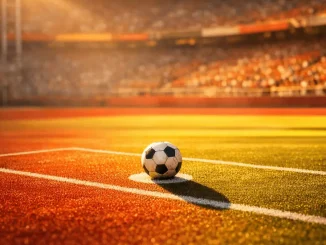 Floodlit football pitch at sunset with ball on penalty spot, stadium in crimson and gold tones.