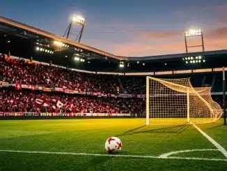 Floodlit stadium pitch at dusk with Swiss national colours in stands, match ball on centre spot under dramatic lighting.