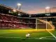 Floodlit stadium pitch at dusk with Swiss national colours in stands, match ball on centre spot under dramatic lighting.