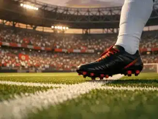 Stadium scene at dusk with Tunisian red and white crowd, floodlit pitch, football boot in motion on centre circle.
