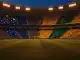 Floodlit stadium pitch at golden-hour with blue and gold-green national colour zones in packed stands, dramatic shadows and shallow depth of field.