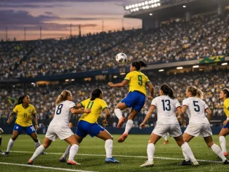 USWNT defenders under pressure from Brazil attackers during intense match in São Paulo stadium