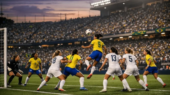 USWNT defenders under pressure from Brazil attackers during intense match in São Paulo stadium