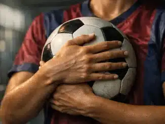 Female footballer holding ball protectively with institutional architecture in background
