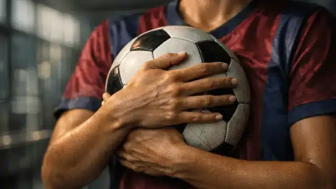 Female footballer holding ball protectively with institutional architecture in background