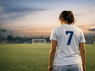 England Lionesses player stands alone on pitch after defeat in contemplative moment under stadium lights
