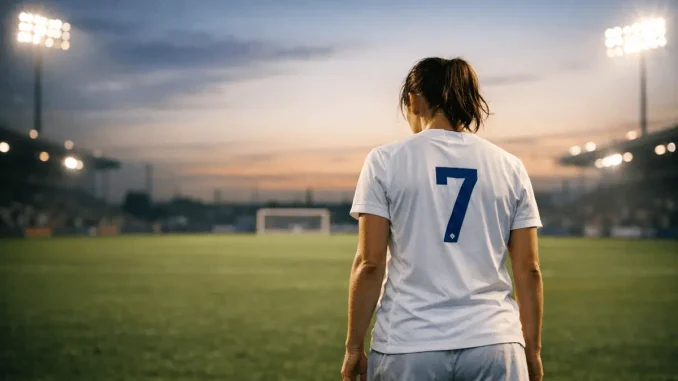 England Lionesses player stands alone on pitch after defeat in contemplative moment under stadium lights