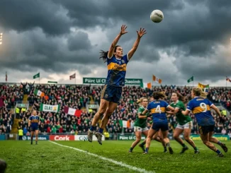Women's Gaelic football player leaping for ball during TG4 All-Ireland Championship match in Irish stadium