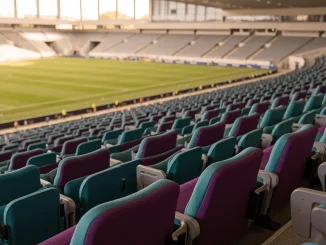 Modern football stadium seating with beverage holders and pitch view