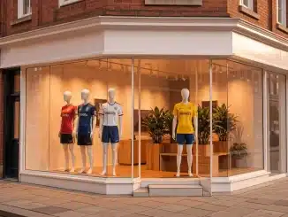 Modern women's football retail store with bright storefront on Manchester city street