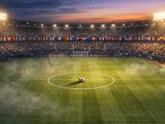 Floodlit stadium pitch at dusk with centre circle and flags in stands; pre-match atmosphere.