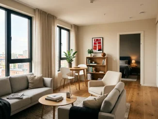 Modern furnished apartment interior with natural light and contemporary design for professional accommodation