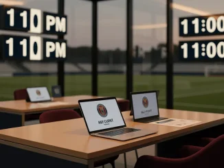 Modern football club office during WSL transfer deadline day with countdown clocks and professional atmosphere