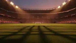 Floodlit stadium at dusk with packed stands and dramatic shadows on empty pitch; sky blue and red atmospheric lighting.