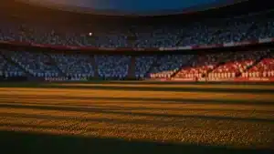 Floodlit World Cup 2026 quarter-final stadium with Argentina and Switzerland supporter sections under golden-hour lighting.