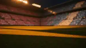 Floodlit stadium at dusk with red-white and blue-white coloured stands, dramatic shadows across empty pitch.
