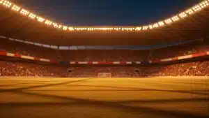 Empty floodlit stadium quarter-final pitch at dusk with packed stands, dramatic golden-hour lighting and shadow patterns.