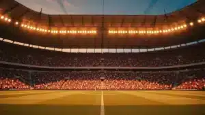 Floodlit stadium at dusk with packed stands showing red/white and navy/white colours; golden hour lighting, low angle perspective.