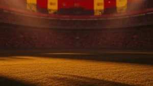 Floodlit stadium at golden-hour showing empty pitch with dramatic shadows and packed stands in red and yellow lighting.