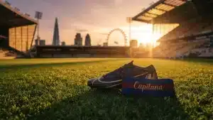 Football boot on stadium pitch with Barcelona armband and London skyline, symbolizing historic WSL transfer