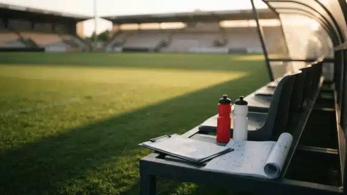 Empty Southampton FC coaching area with training equipment at sunset, symbolizing departure and transition