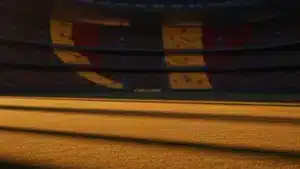 Floodlit stadium quarter-final atmosphere with golden evening light, packed crowds in Spanish and Belgian colours, dramatic shadows on pitch.