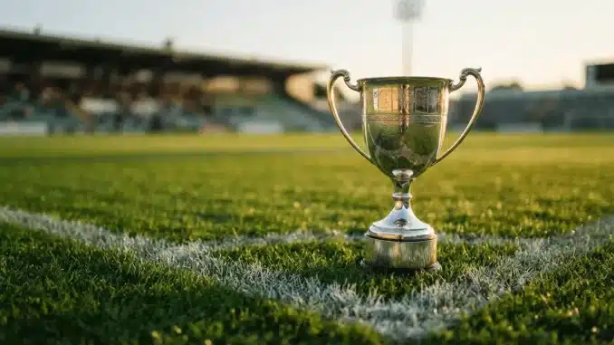 Silver trophy cup on football pitch with dramatic lighting representing WSL Subway Players Cup competition