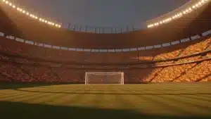 Floodlit stadium packed with crowds in red and yellow colours, dramatic shadows across empty pitch at dusk.